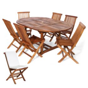 7-Piece Oval Extension Table Folding Chair Set with White Cushions