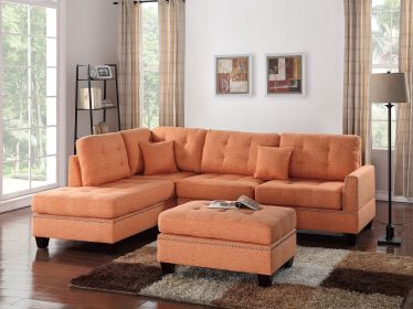 Modern Citrus Color 3pcs Sectional Living Room Furniture Reversible Chaise Sofa And Ottoman Tufted Polyfiber Linen Like Fabric Cushion Couch Pill