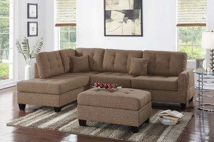 Modern Coffee Color 3pcs Sectional Living Room Furniture Reversible Chaise Sofa And Ottoman Tufted Polyfiber Linen Like Fabric Cushion Couch Pill