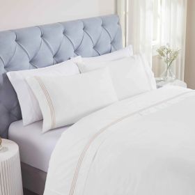 100% Cotton Bed Sheet Set Three-Line Embroidered Deep Pocket Brandon (Color: White/Gold, size: California King)