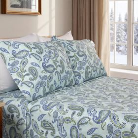 100% Cotton Flannel Bed Sheet Set Floral Paisley Deep Pocket (Color: Light Blue, size: Queen)