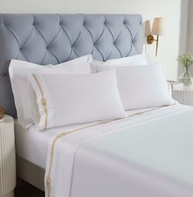 100% Cotton Bed Sheet Set Gold Embroidered Deep Pocket Moonlawn (Color: White/Gold, size: Twin)