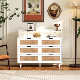 6-Drawer Rattan Storage Cabinet With LED & Power Outlet For Bedroom, Living Room (Color: White)