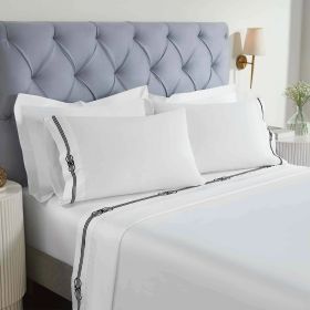 100% Cotton Bed Sheet Set Gold Embroidered Deep Pocket Moonlawn (Color: White/Black, size: Queen)