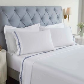 100% Cotton Bed Sheet Set Gold Embroidered Deep Pocket Moonlawn (Color: White/Navy Blue, size: Queen)
