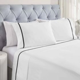 100% Cotton Bed Sheet Set Cross-Stitch Embroidered Deep Pocket Riverton (Color: White/Black, size: Queen)