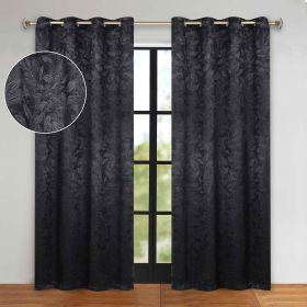 Blackout Curtains Leaves Pattern Room Darkening Grommet 2 Panels (Color: Black, size: 52" X 84")