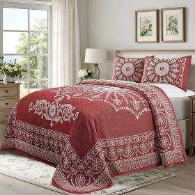 Kymbal Cotton Blend Woven Medallion Jacquard Bedspread Set (Color: Berry Red, size: King)