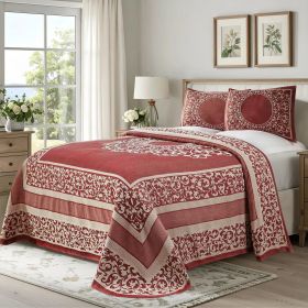Lightweight Cotton Bedspread Set 3-Piece Lyron Floral Scroll Jacquard (Color: Berry Red, size: King)