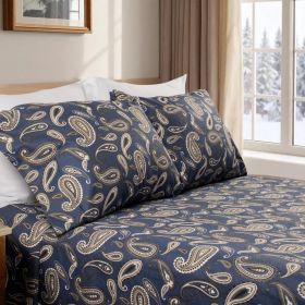 100% Cotton Flannel Bed Sheet Set Floral Paisley Deep Pocket (Color: Navy Blue, size: California King)