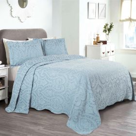 Lightweight Cotton Blend Bedspread Set 3-Piece Aspen Jacquard Floral Scalloped Edge (Color: Light Blue, size: King)