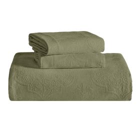 Florin Cotton Matelasse Weave Jacquard Scroll Medallion Bedspread Set (Color: Sage, size: King)