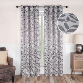 Leaves Machine Washable Room Darkening Blackout Curtains, Set of 2 (Color: Grey, size: 52" x 63")