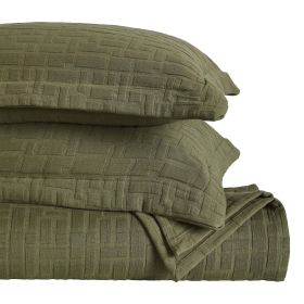 Madrid Cotton Medium Weight Geometric Matelasse Bedspread and Sham Set (Color: Olive Green, size: California King)