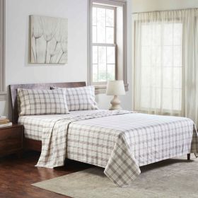100% Cotton Flannel Plaid Bed Sheet Set - Classic Modern Farmhouse Deep Pocket (Color: Beige, size: Twin)
