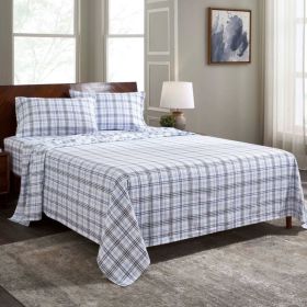 100% Cotton Flannel Plaid Bed Sheet Set - Classic Modern Farmhouse Deep Pocket (Color: Blue, size: Queen)