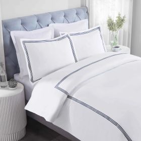 100% Cotton Three-Line Embroidered Duvet Cover Set (Color: White/Navy Blue, size: King/California King)