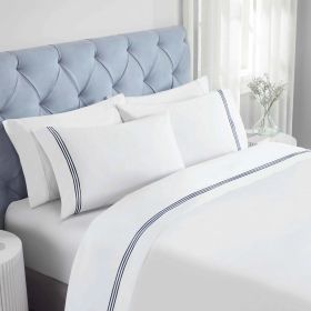 100% Cotton Bed Sheet Set Three-Line Embroidered Deep Pocket Brandon (Color: White/Navy Blue, size: Twin)