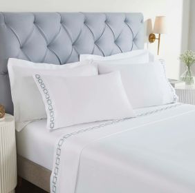 100% Cotton Bed Sheet Set Embroidered Deep Pocket Chain Links (Color: White/Silver, size: California King)