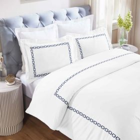 100% Cotton Chain Links Embroidered Duvet Cover Set (Color: White/Navy Blue, size: Full/Queen)