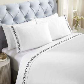 100% Cotton Bed Sheet Set Embroidered Deep Pocket Chain Links (Color: White/Black, size: Full)