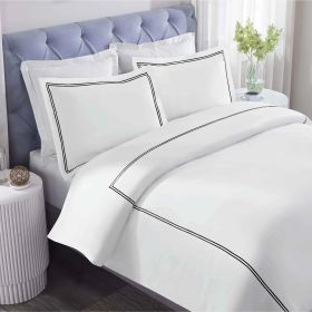 100% Cotton Two-Line Border Embroidered Duvet Cover Set (Color: White/Black, size: King/California King)