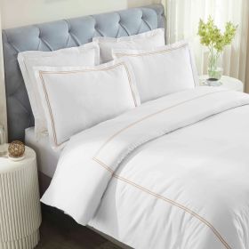 100% Cotton Two-Line Border Embroidered Duvet Cover Set (Color: White/Gold, size: King/California King)