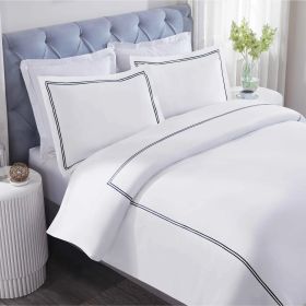 100% Cotton Two-Line Border Embroidered Duvet Cover Set (Color: White/Navy Blue, size: Full/Queen)