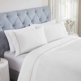 100% Cotton Bed Sheet Set Two-Line Embroidered Deep Pocket Fieldstone (Color: White/Gold, size: Twin XL)