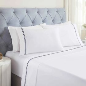 100% Cotton Bed Sheet Set Two-Line Embroidered Deep Pocket Fieldstone (Color: White/Navy Blue, size: Twin XL)
