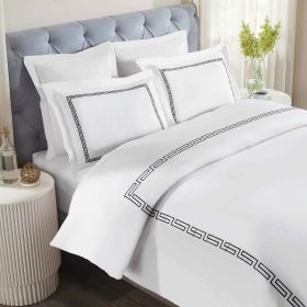 100% Cotton Greek Key Embroidered Duvet Cover Set (Color: White/Black, size: King/California King)