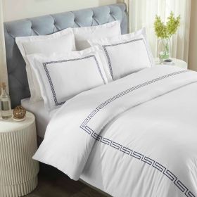 100% Cotton Greek Key Embroidered Duvet Cover Set (Color: White/Navy Blue, size: Full/Queen)