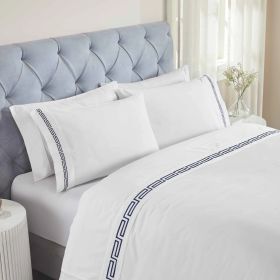 100% Cotton Bed Sheet Set Greek Key Embroidered Deep Pocket Harrison (Color: White/Navy Blue, size: Twin XL)
