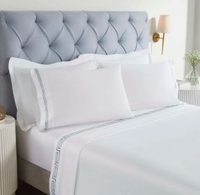 100% Cotton Bed Sheet Set Greek Key Embroidered Deep Pocket Harrison (Color: White/Silver, size: King)