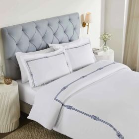 100% Cotton Gold Embroidered Duvet Cover Set (Color: White/Navy Blue, size: Full/Queen)