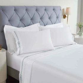 100% Cotton Bed Sheet Set Gold Embroidered Deep Pocket Moonlawn (Color: White/Silver, size: Twin XL)