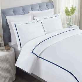 100% Cotton Cross-Stitch Embroidered Duvet Cover Set (Color: White/Navy Blue, size: Full/Queen)