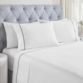 100% Cotton Bed Sheet Set Cross-Stitch Embroidered Deep Pocket Riverton (Color: White/Light Teal, size: Twin)