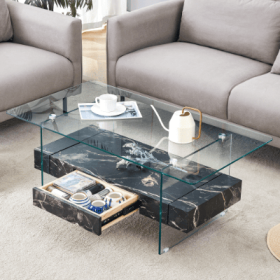 43.3 Inch Modern Two-Tier Coffee Table - Clear Tempered Glass And Black Marble Texture, Multifunctional Storage Design.The Bottom Tier Includes A (Color: Black)