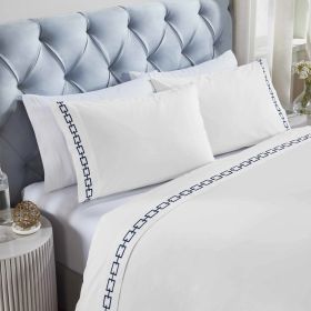 100% Cotton Bed Sheet Set Embroidered Deep Pocket Chain Links (Color: White/Navy Blue, size: California King)