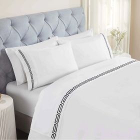 100% Cotton Bed Sheet Set Greek Key Embroidered Deep Pocket Harrison (Color: White/Black, size: California King)