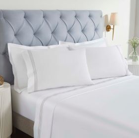 100% Cotton Bed Sheet Set Three-Line Embroidered Deep Pocket Brandon (Color: White/Silver, size: Twin XL)