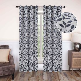 Leaves Machine Washable Room Darkening Blackout Curtains, Set of 2 (Color: White Navy Blue, size: 52" x "72)