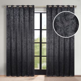 Blackout Curtains Leaves Pattern Room Darkening Grommet 2 Panels (Color: Black, size: 70" x 84")