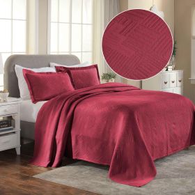 Lightweight Cotton Bedspread Sets 3-Piece Geometric Fret Jacquard Matelassé Scalloped (Color: Burgundy, size: Twin)