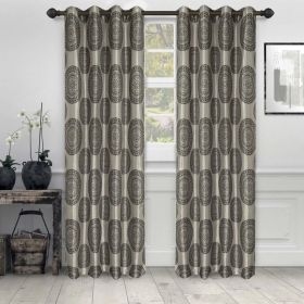 Cordon Jacquard Grommet Floral Medallion Curtain Panel Set (Color: Black, size: 52" x 96")