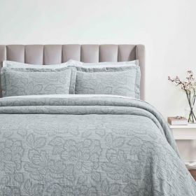 Cotton Bedspread Sets 3-Piece Hibiscus Floral Jacquard Matelassé (Color: Grey, size: Queen)