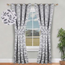 Blackout Window Curtains Leaves Pattern Room Darkening Set of 2 (Color: Grey, size: 46" x 84")