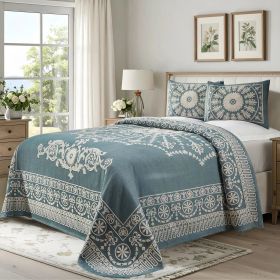 Kymbal Cotton Blend Woven Medallion Jacquard Bedspread Set (Color: Cerulean Blue, size: Full)