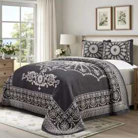 Kymbal Cotton Blend Woven Medallion Jacquard Bedspread Set (Color: Charcoal, size: Twin)